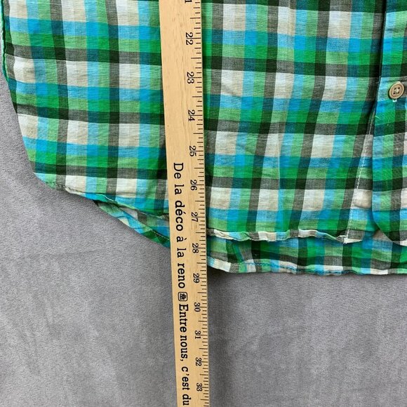 Diesel Mens Shirt XL Green Blue Plaid Button Up Linen Cotton Patches Embroidered - Picture 7 of 11